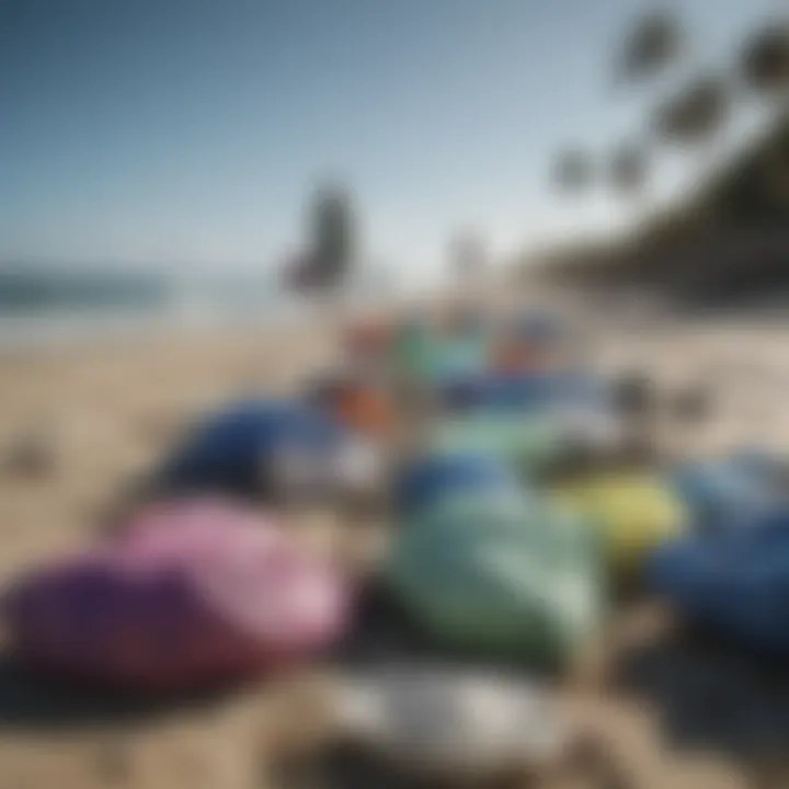 A vibrant community event focused on beach cleanup, depicting volunteers with bags collecting trash.