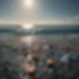 A close-up of ocean water with floating plastic debris, highlighting the scale of pollution.
