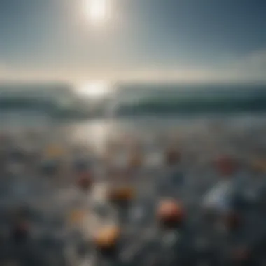 A close-up of ocean water with floating plastic debris, highlighting the scale of pollution.