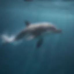 A close-up view of a dolphin swimming gracefully in clear blue waters.