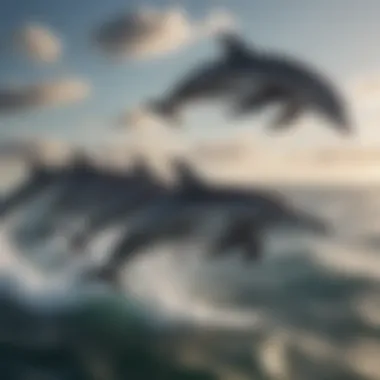 Pod of Dolphins Breaching A pod of dolphins breaching the surface, showcasing their playful nature.