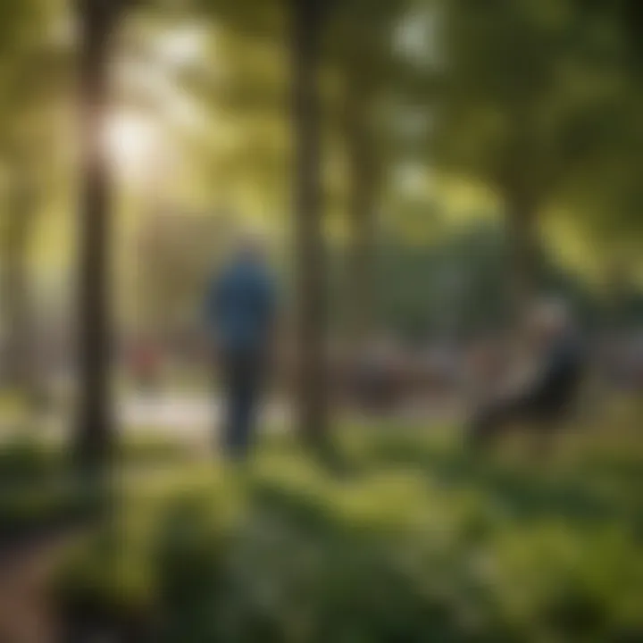 A serene urban park where seniors engage in leisurely activities