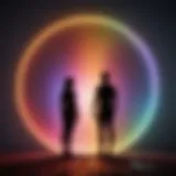 A visualization of colorful auras surrounding a silhouette in a tranquil setting