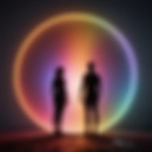 A visualization of colorful auras surrounding a silhouette in a tranquil setting