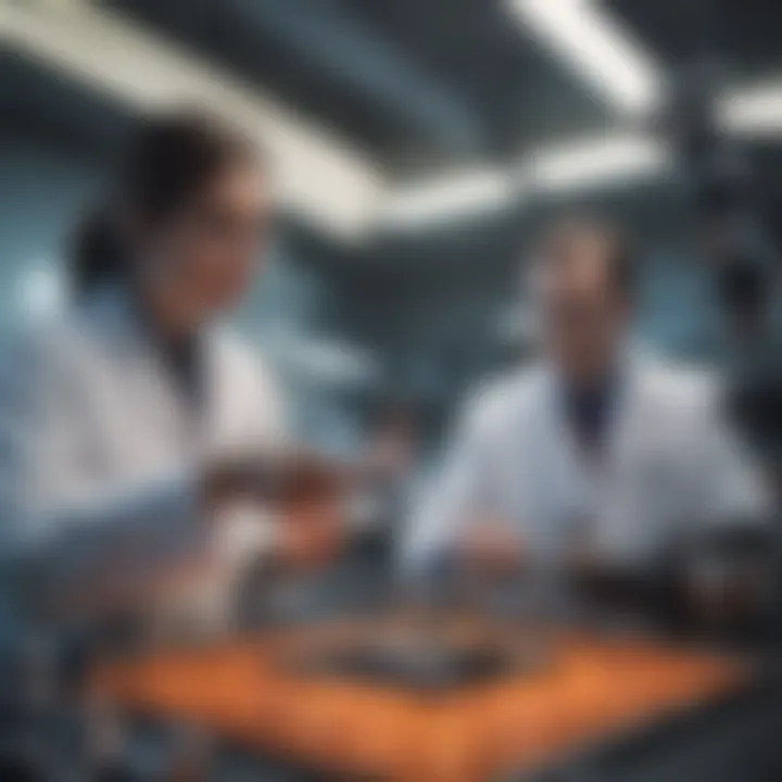 A team of scientists discussing innovative projects, emphasizing teamwork and collaboration in national labs.