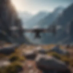 High altitude drone captured in action over mountainous terrain