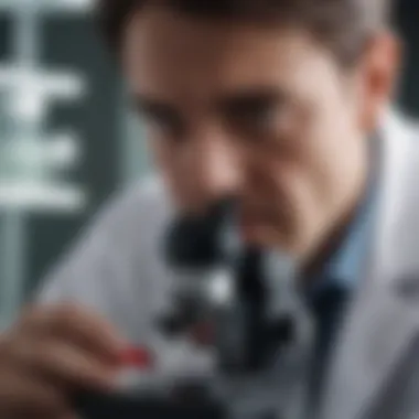 Research Analysis in AML Treatment Researcher examining blood samples under a microscope