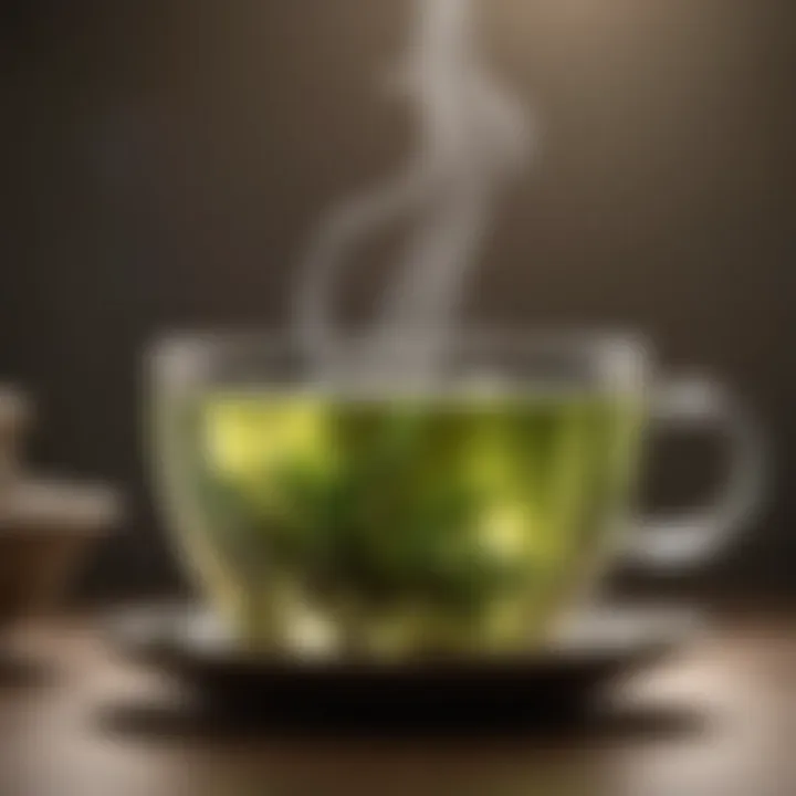 Cup of brewed green tea with steam rising