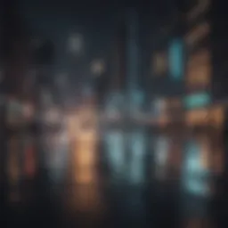 A serene night landscape showcasing a bustling cityscape illuminated by streetlights.