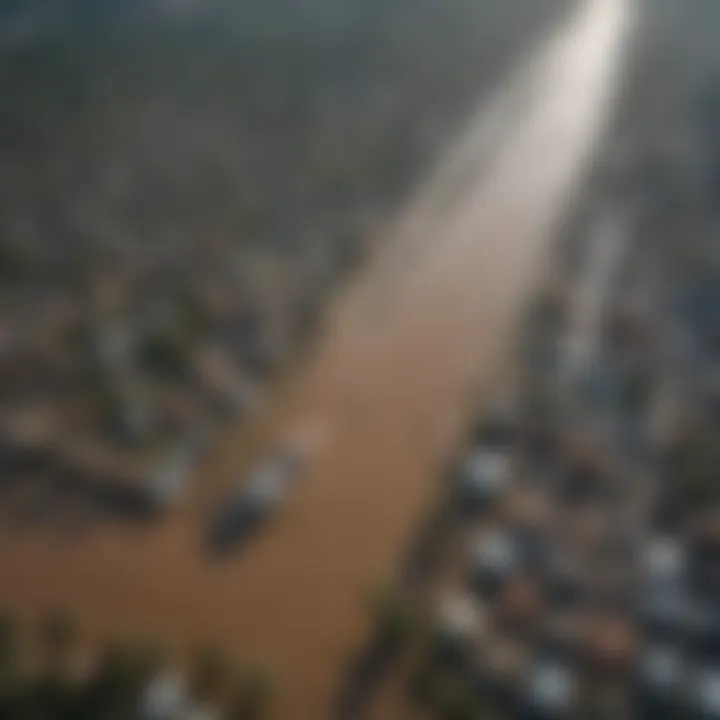 Aerial view of a flood-affected area showcasing the extent of water encroachment.