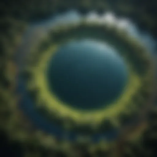 Aerial view of a vast freshwater lake surrounded by greenery