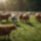 A diverse range of livestock grazing in a lush green field