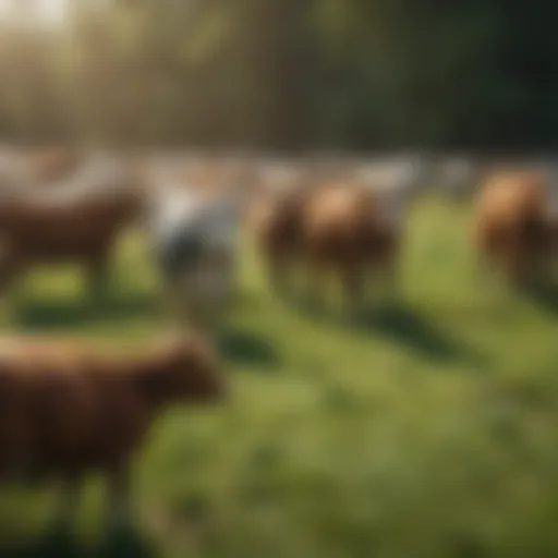 A diverse range of livestock grazing in a lush green field