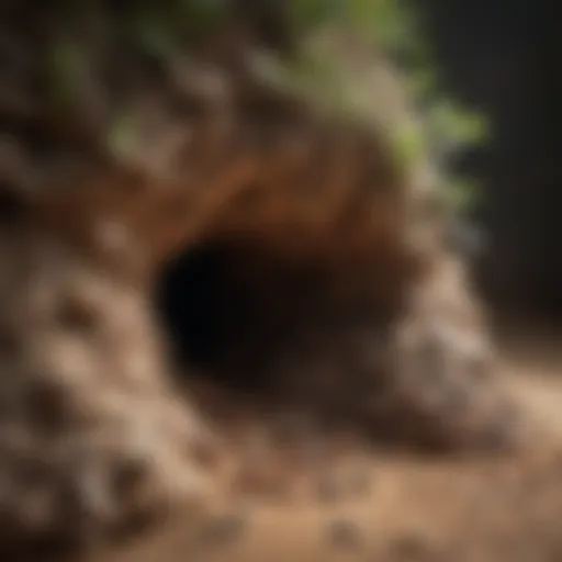 Detailed view of an ant nest entrance showing activity