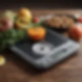 A scale displaying weight loss progress with healthy foods in the background