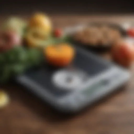 A scale displaying weight loss progress with healthy foods in the background