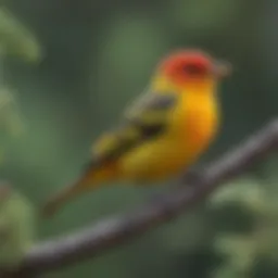 A close-up of a vibrant Western Tanager perched on a branch, showcasing its striking colors.