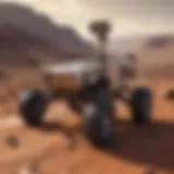 A robotic rover exploring the Martian surface, showcasing advanced technology in a hostile environment.