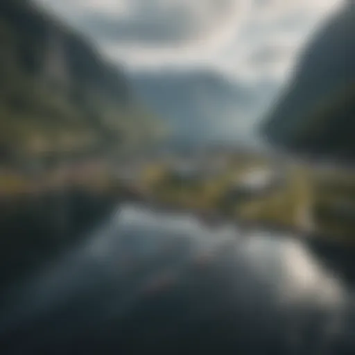 A serene view of salmon farms in the Norwegian fjords, showcasing the natural landscape and farming structures.