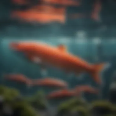 An underwater scene depicting healthy salmon swimming in a well-maintained aquaculture environment.