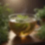 A serene cup of herbal tea surrounded by fresh herbs