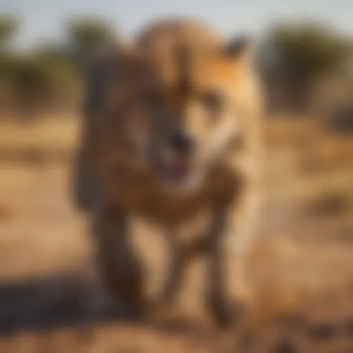 A cheetah in mid-sprint during a hunt