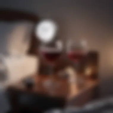 A close-up of a glass of red wine beside a nightstand with a clock showing late hours.