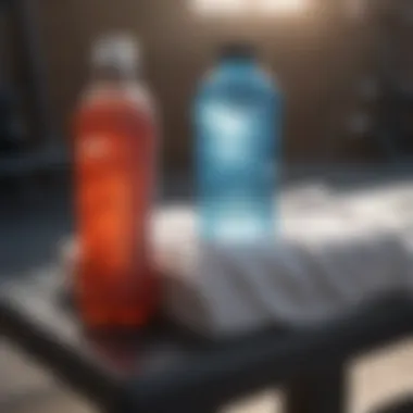 Hydration and Recovery in Exercise A close-up of a water bottle and a towel on a gym bench, symbolizing the importance of hydration and recovery in exercise routines.