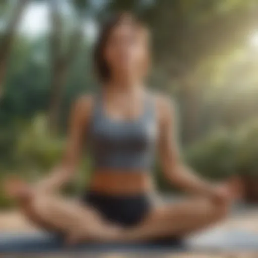 A serene outdoor environment with a person engaged in yoga, illustrating the calming benefits of exercise on hot flashes.