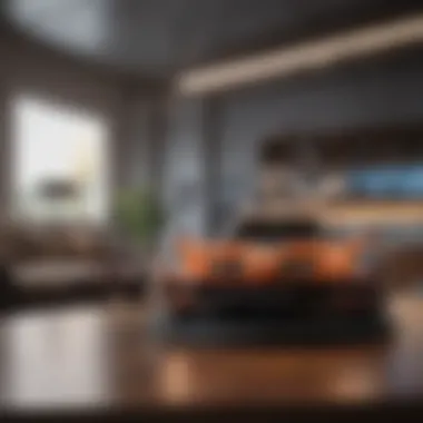 Artificial Lighting and Its Effects on Sleep Quality A modern workspace featuring harsh artificial lighting, highlighting its potential impact on sleep quality.