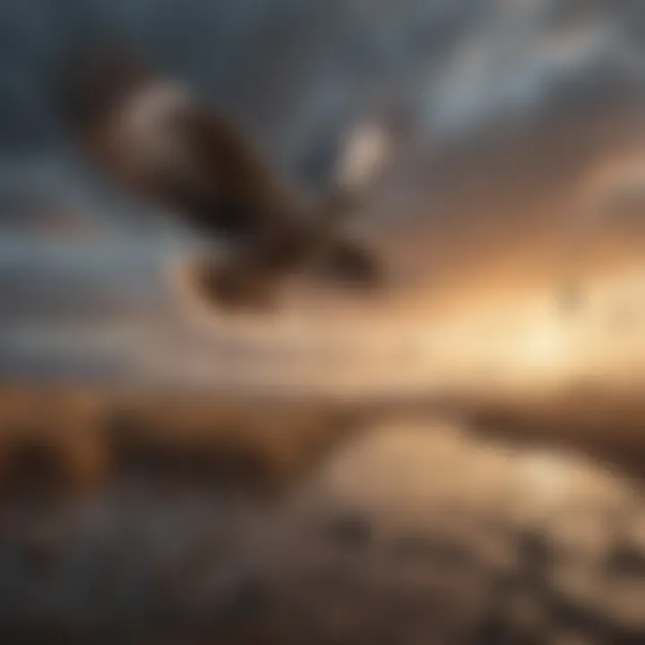 A migratory bird in flight against a backdrop of climate-induced weather patterns