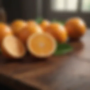 Fresh Citrus Sources of Vitamin C Fresh oranges and vitamin C sources on a wooden table