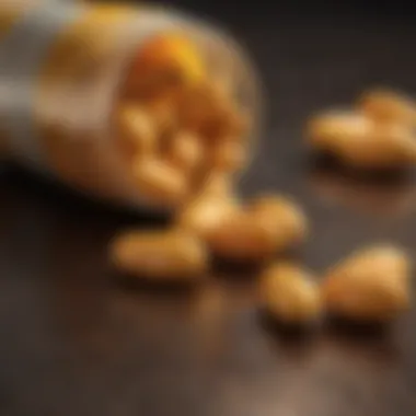 Close-up of turmeric capsules and supplements