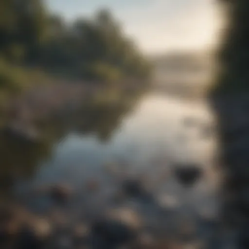 A serene lake polluted with plastic waste