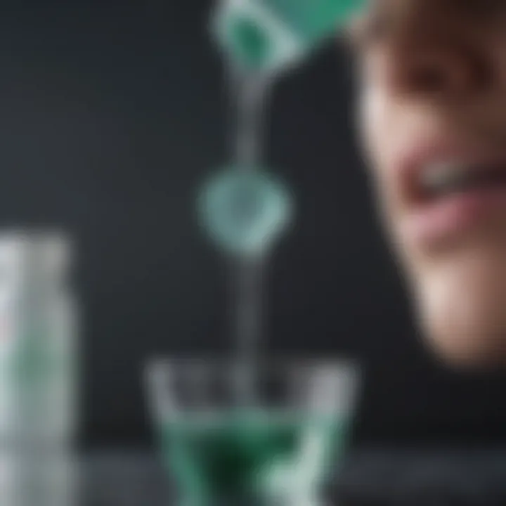 Close-up of the mouthwash pouring into a cap, emphasizing its texture and color